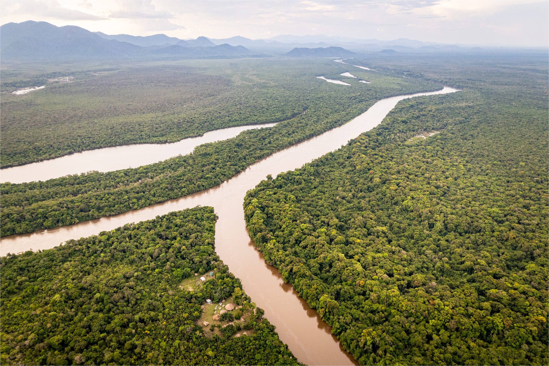 Aerial photograph of Rewa Eco Lodge and the Rupununi and Rewa river.