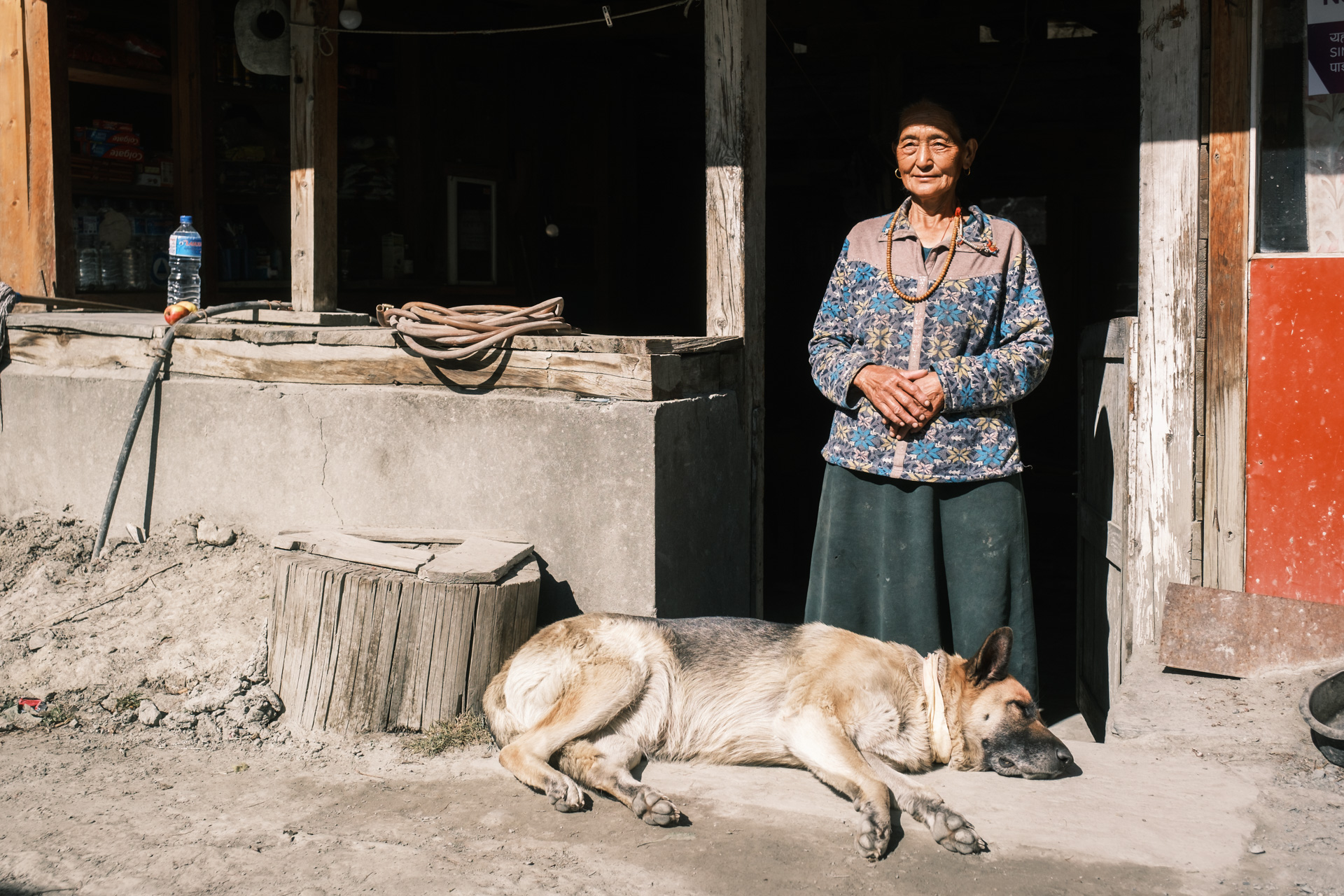 Alte Dame mit Schäferhund.