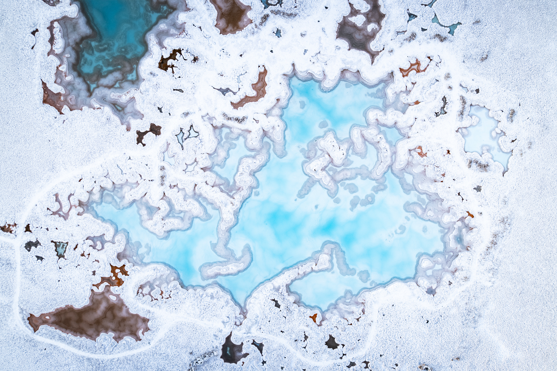 Türkisfarbene Salzlagune mit weißen Mineralrändern in der argentinischen Puna.