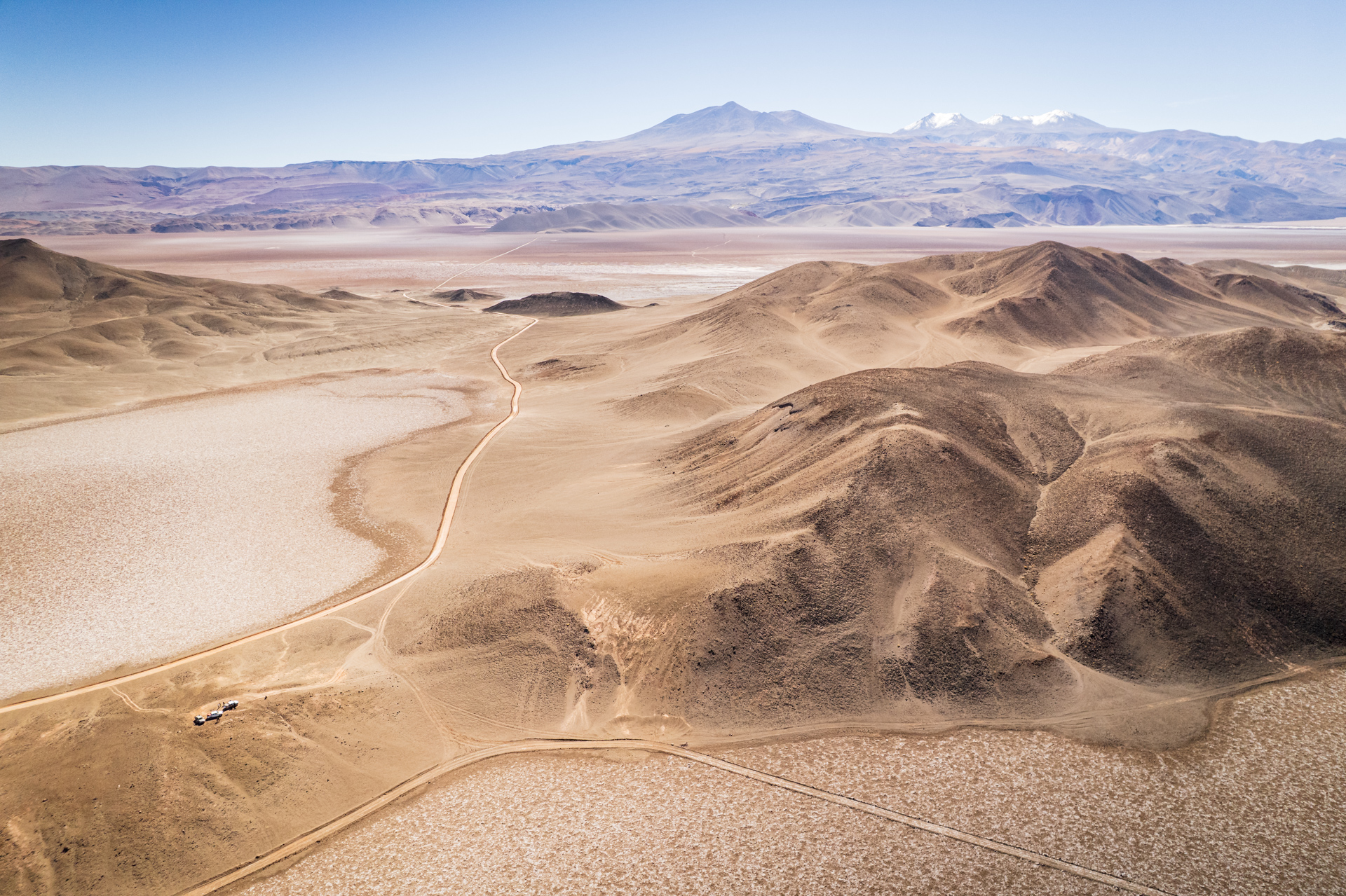 Unsere Pick-ups am Rand einer weiten Vulkan- und Salzlandschaft in der argentinischen Puna.
