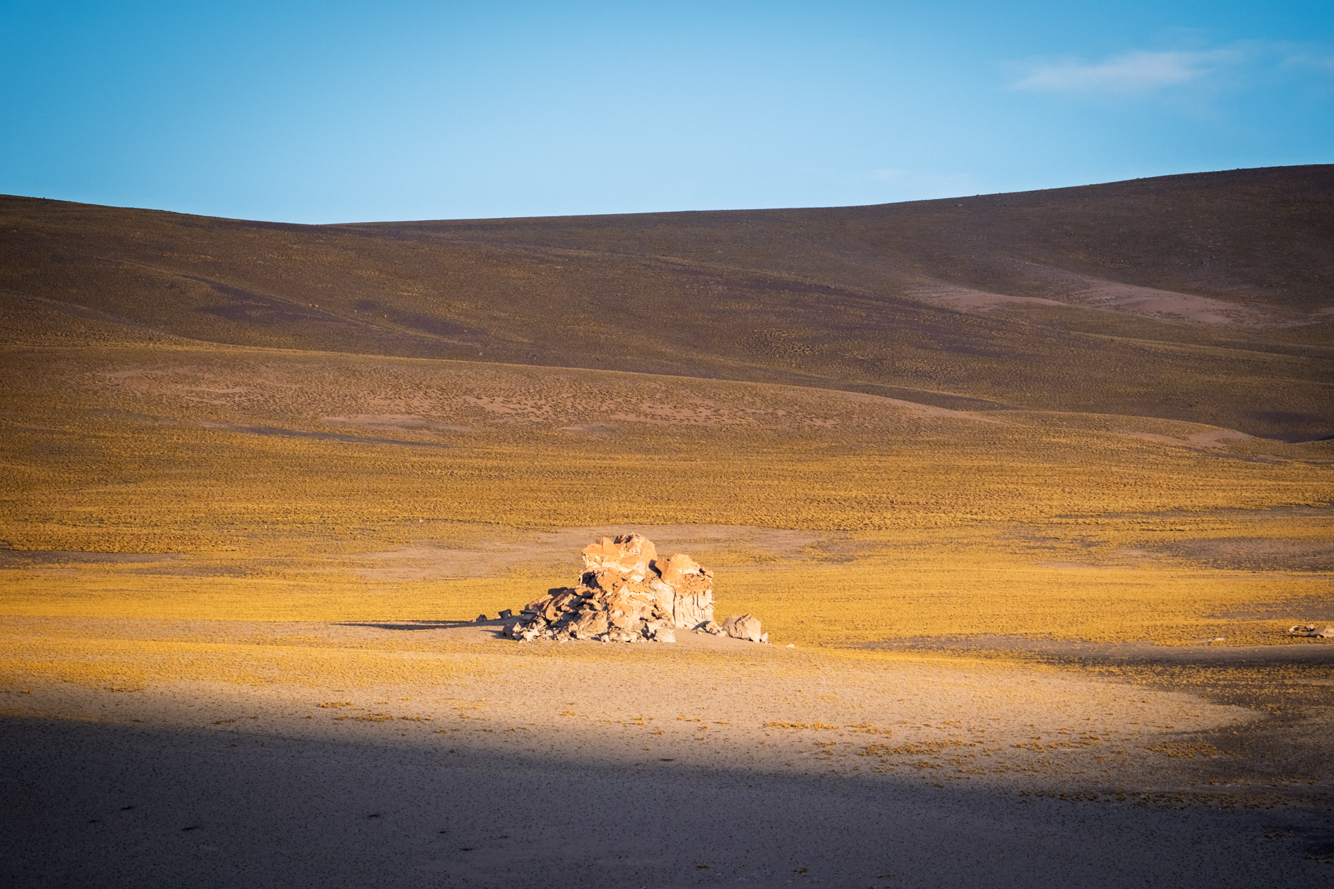 Ein einzelner Felsen im goldenen Licht der weiten Puna-Hochwüste.
